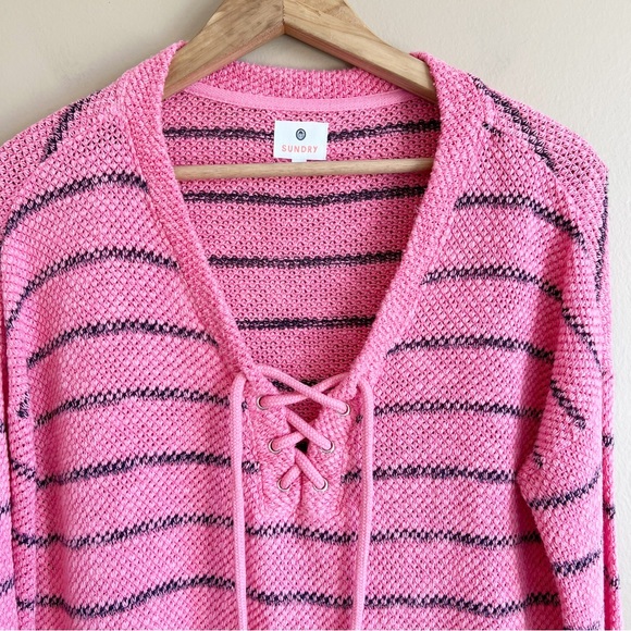 SUNDRY pink knit pullover sweater size small grommet tie bodice striped - Picture 2 of 9